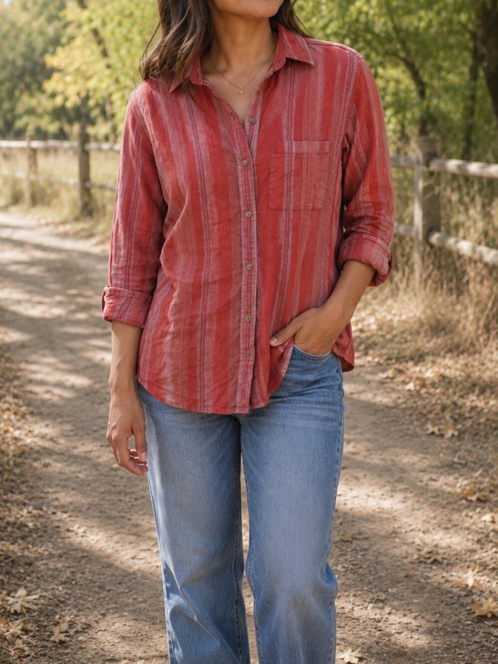 Aritzia Community Coral Red Striped Cotton Linen Button Up Shirt Relaxed Coastal